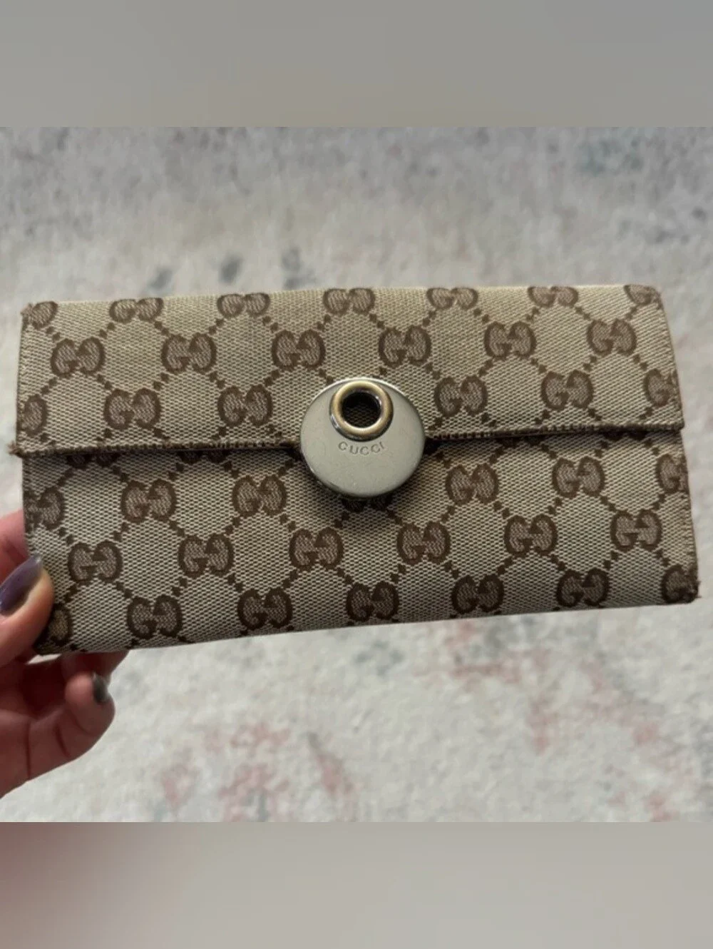 Authentic Gucci Monogram Eclipse Continental Wallet With Dark Brown Leather